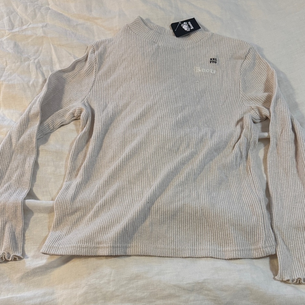 Roots Kids ribbed top, oatmeal with silver threads, ruffled hems, kids XXL NWT